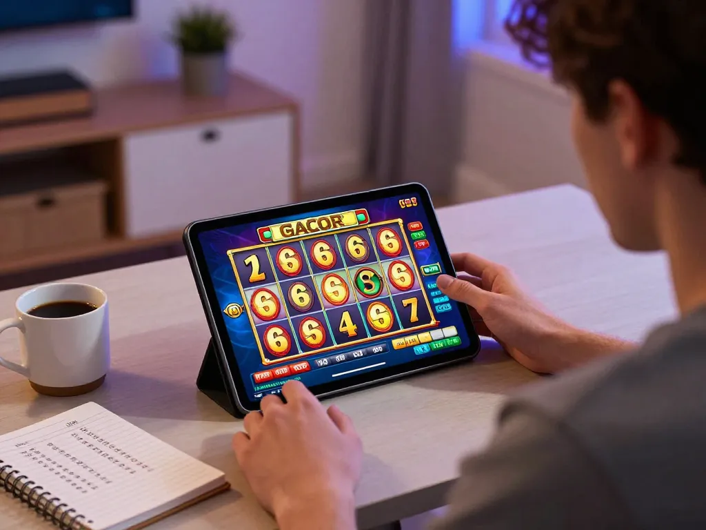 Player enjoying a dynamic slot gacor experience on a tablet during online gaming.