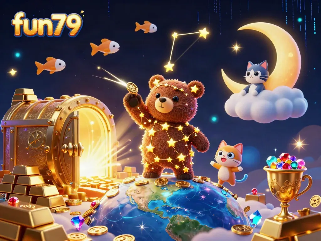 Experience the fun79 casino adventure with a constellation bear collecting coins in a magical scene.