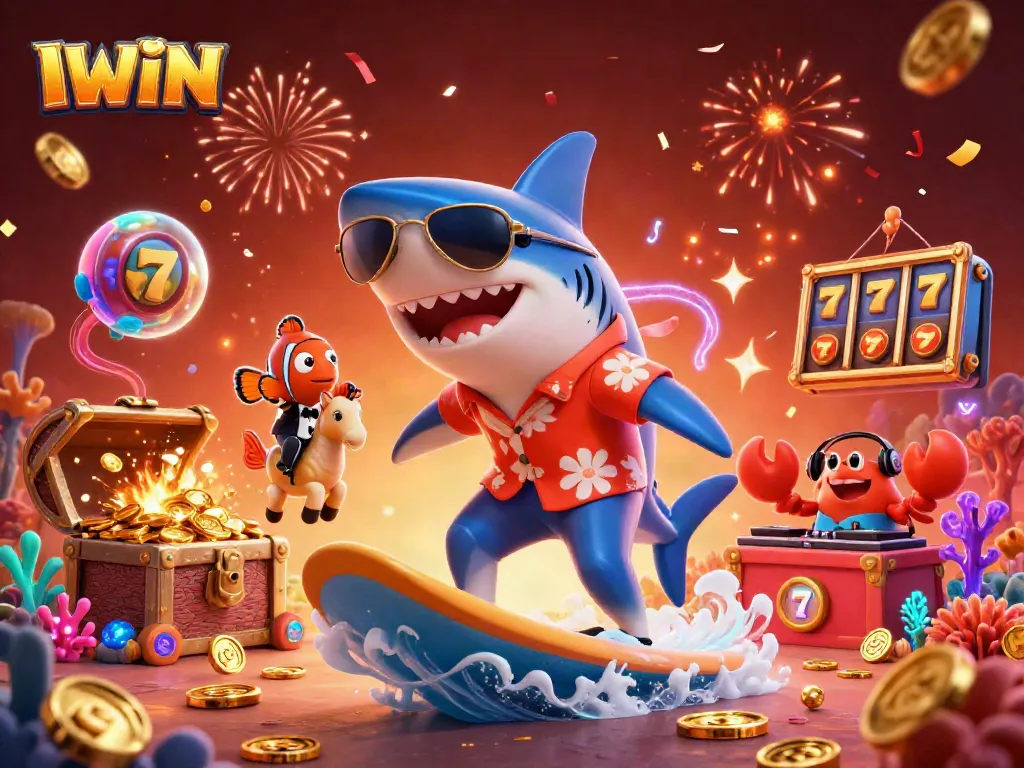 IWIN offers a lively scene with a shark surfing gold coins, emphasizing exciting casino gameplay.