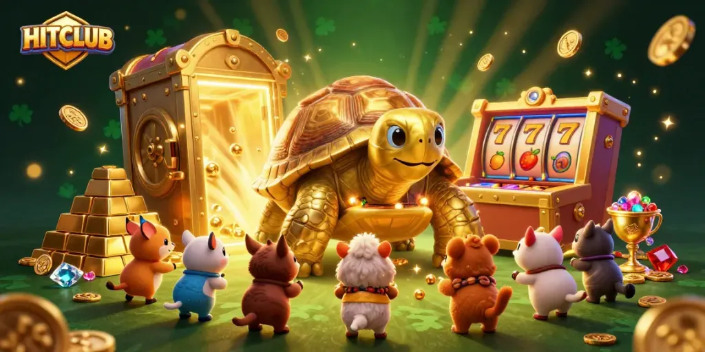 Engage in HITCLUB excitement with a vibrant casino scene featuring a giant tortoise, treasures, and spinning slots.