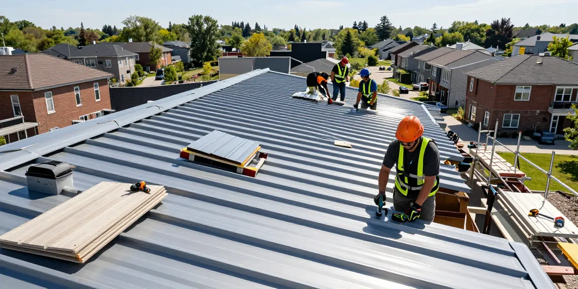 Team of metal roof installers working on a residential project, showcasing quality and expertise in Toronto.