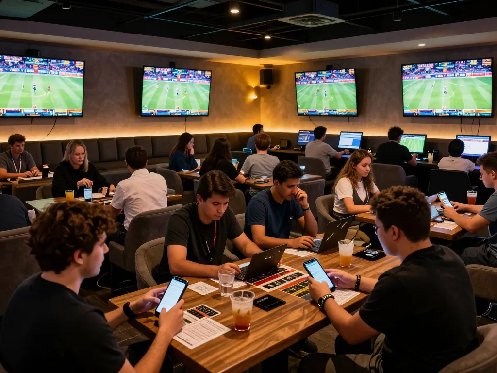 Sports fans placing bets at UU 88 with multiple screens showing live games