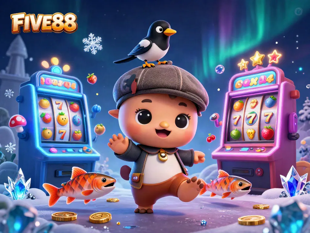 Engage with FIVE88's vibrant world of slots featuring cartoon Nessie and friends amidst dynamic gaming elements.