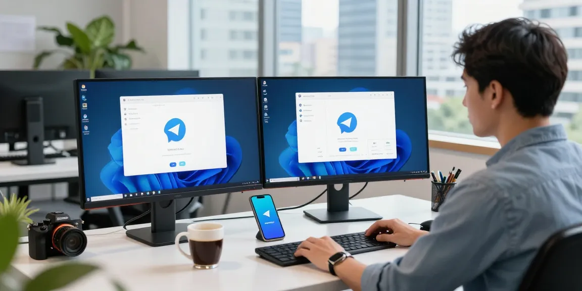 Developer working on Telegram download interface in a modern office