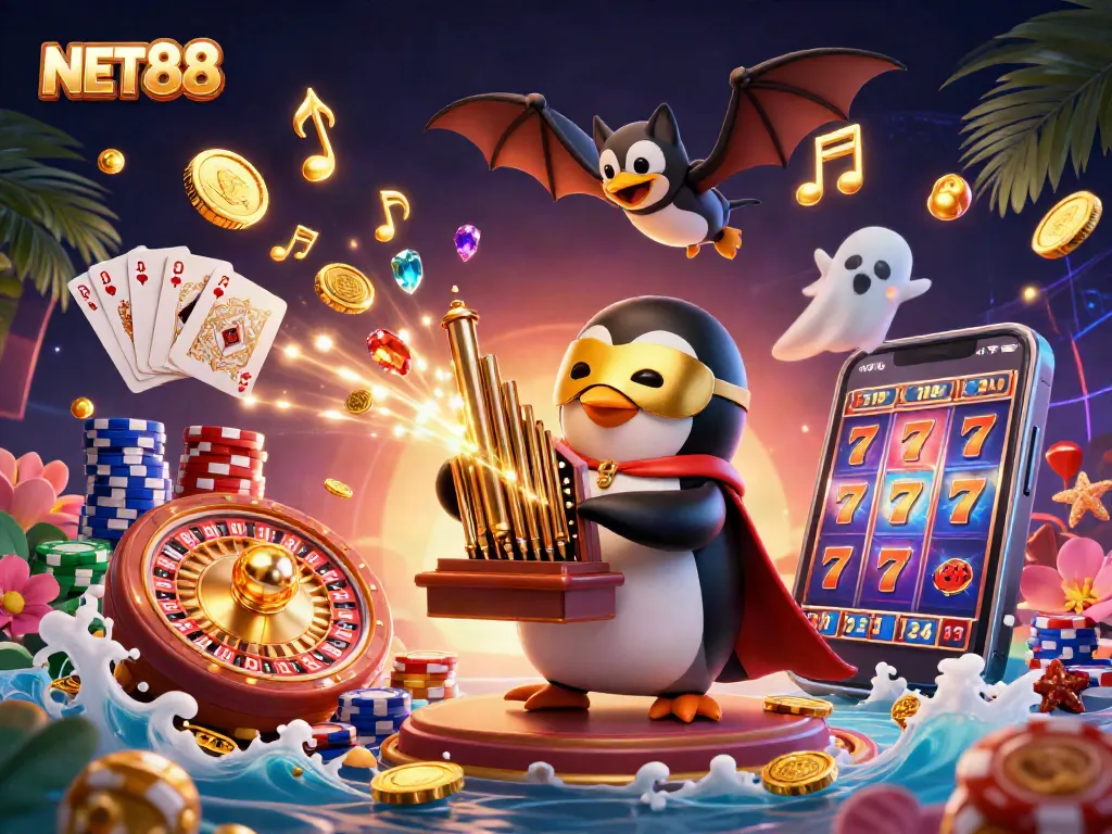 Play slots and win with NET88 in this vibrant 3D casino scene filled with action.
