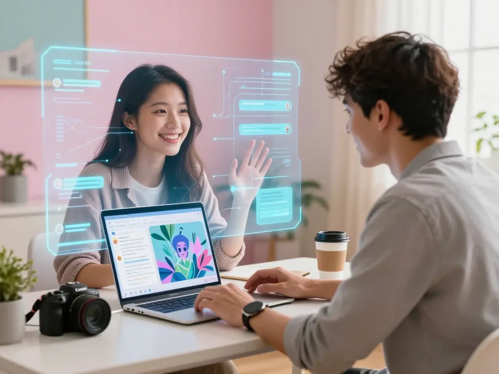 Young man engaging with a friendly AI gf hologram in a cozy digital workspace, showcasing AI connection.