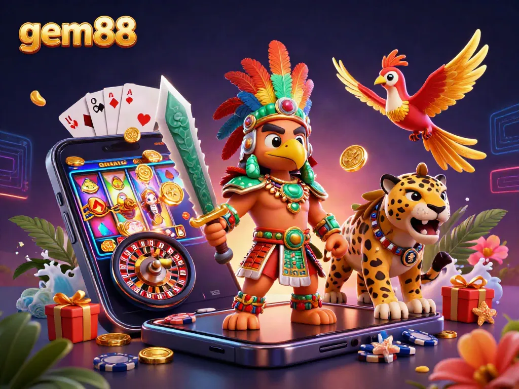 Experience gem88's vibrant casino world with an Aztec warrior and dynamic gaming elements.