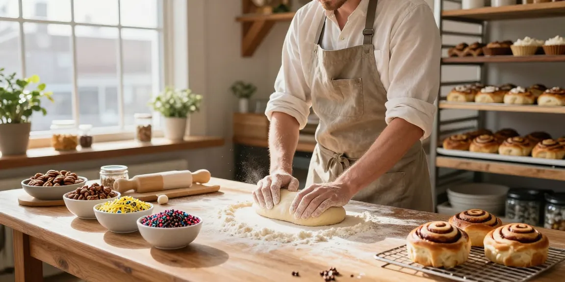 Bakery Calgary scene featuring a baker kneading dough with fresh cinnamon buns.