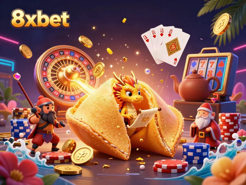 Engage with thrilling gaming adventures at 8xbet featuring fortune cookies, dragons, and vibrant casino elements.