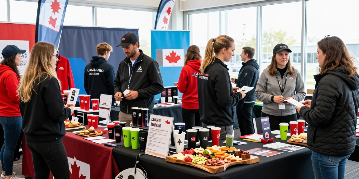 Branded jackets on display at a Canadian trade show, showcasing promotional products.