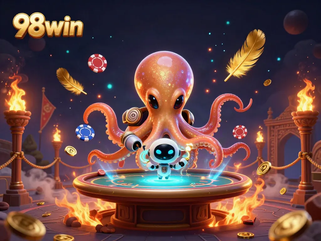 Engage with 98win's thrilling alien poker scene featuring a cartoon octopus and robot.