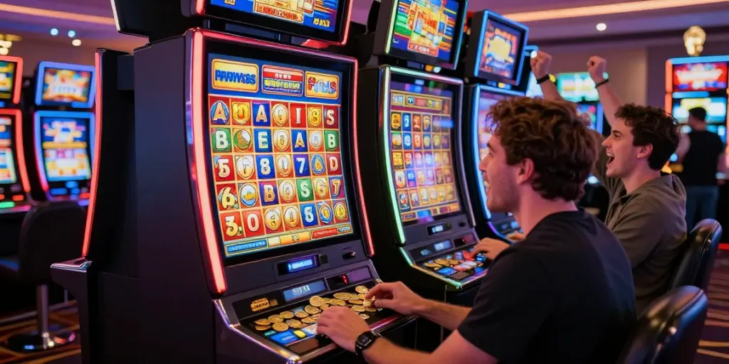 Pengunjung menikmati permainan slot di kasino dengan mesin jackpot dan suasana ceria, apk slot yang seru.