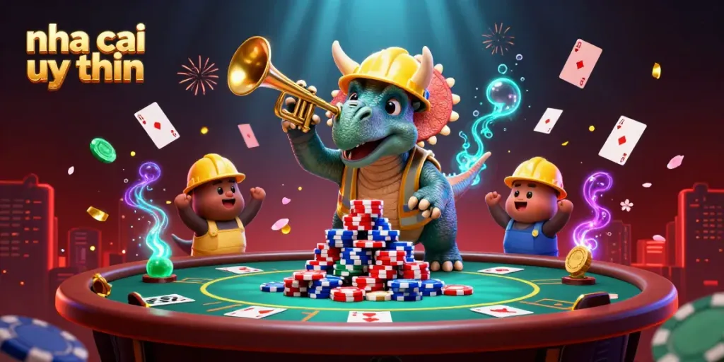 Dynamic casino-themed illustration featuring nha cai uy tin with celebrating dinosaurs and casino elements.