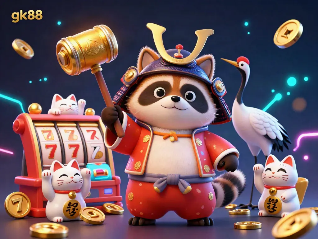 Gamble with gk88 by enjoying the excitement of a festive casino scene with a lucky tanuki and symbols of fortune.
