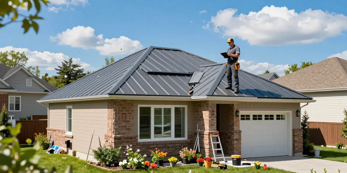 Metal roofing Mississauga installation showcasing professionals assessing a vibrant home.