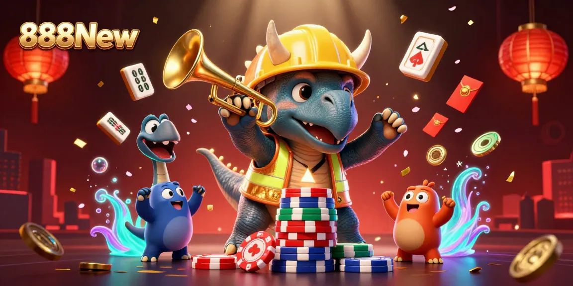 Join the excitement at 888New while celebrating with animated casino characters stacked with poker chips.