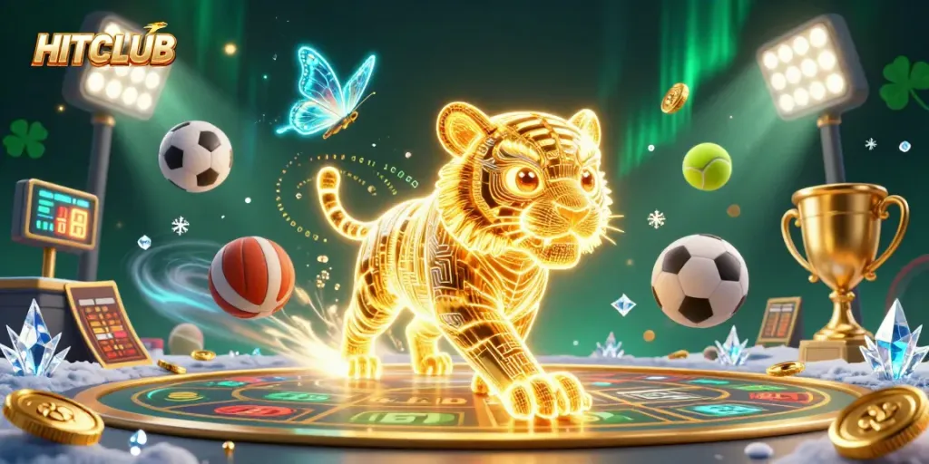 Experience HITCLUB's thrilling digital casino adventure with neon characters and dynamic sports elements.