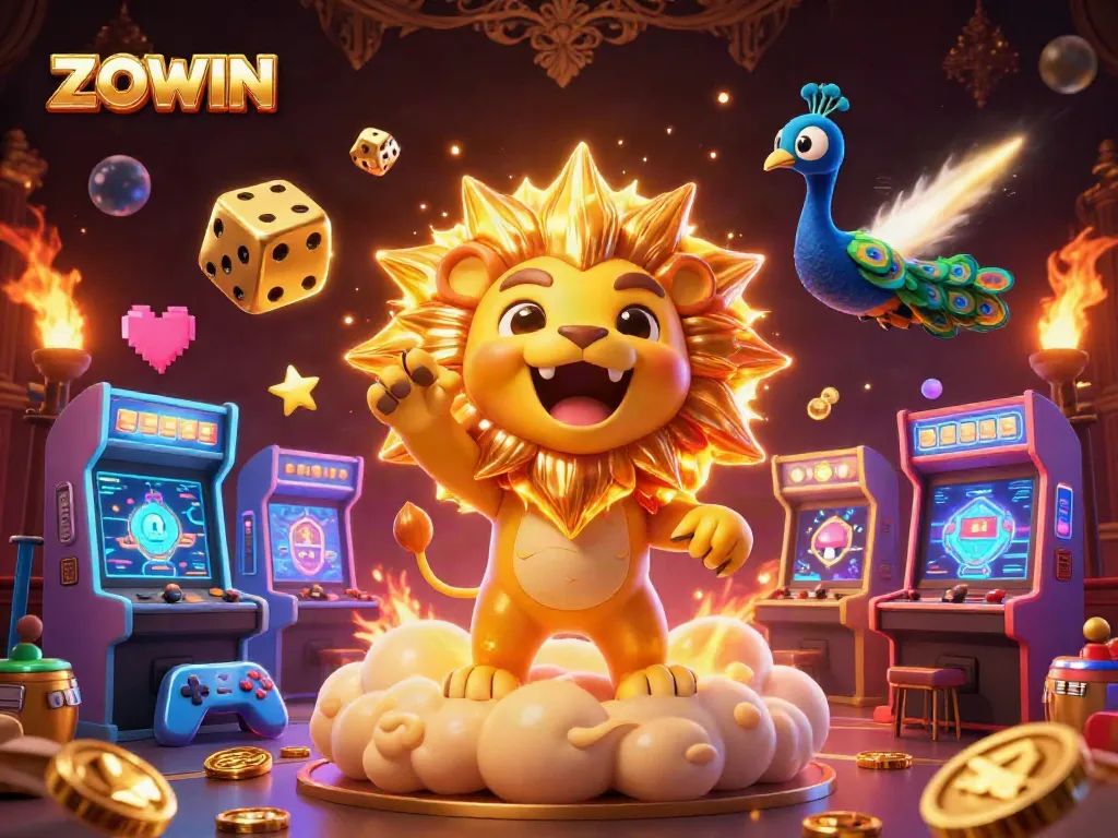 ZOWIN interactive gaming experience featuring a roaring sun lion amidst vibrant casino elements.