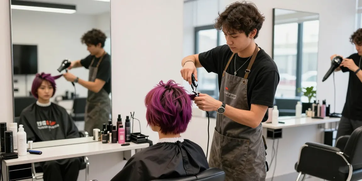 Professional stylist showcasing a trendy hair style trend in a modern urban salon