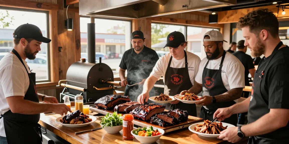 Experience the best franchise Alberta with a vibrant BBQ restaurant scene showcasing chefs preparing smoked meats and delicious BBQ dishes.