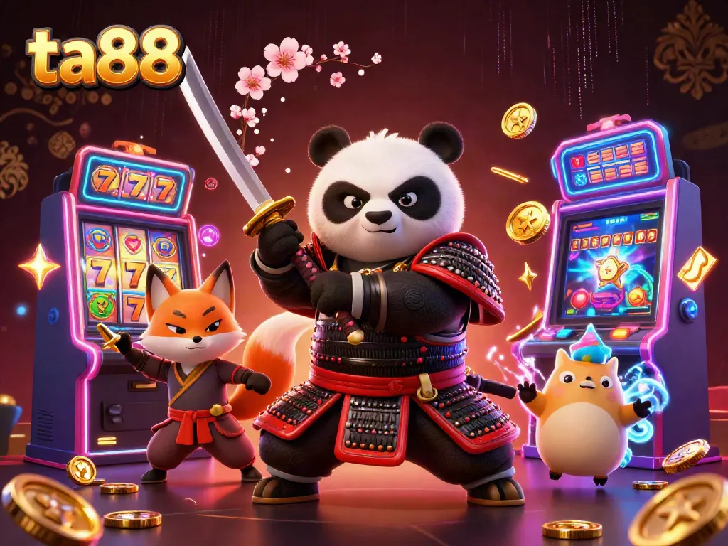 Experience thrilling slots at ta88 with a dynamic 3D scene showcasing epic characters and gaming elements.