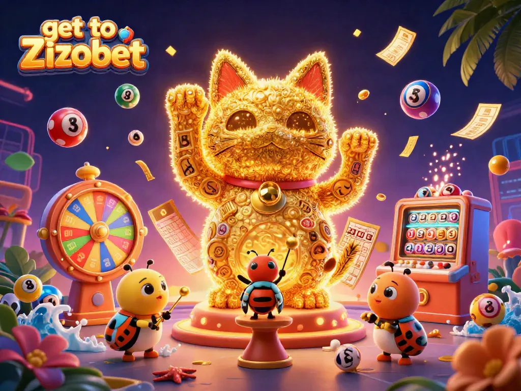 Get to Zizobet with a vibrant 3D illustration of a lucky cat and casino symbols
